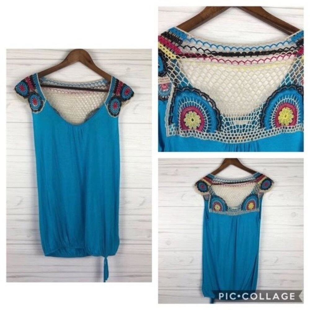 Forever‎ 21 XXI Crochet Yoke Top Womens L Rayon Turquoise Tie Hem